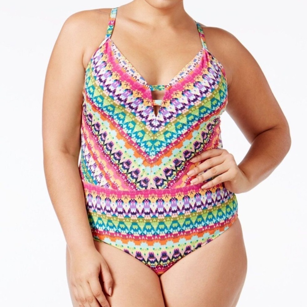 Bleu Rod Beattie Multicolor V-Neck One-Piece Swimsuit (Pink, Turquoise, Yellow)